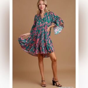 797. Wild print ruffle sleeve babydoll style tiered dress teal and pink